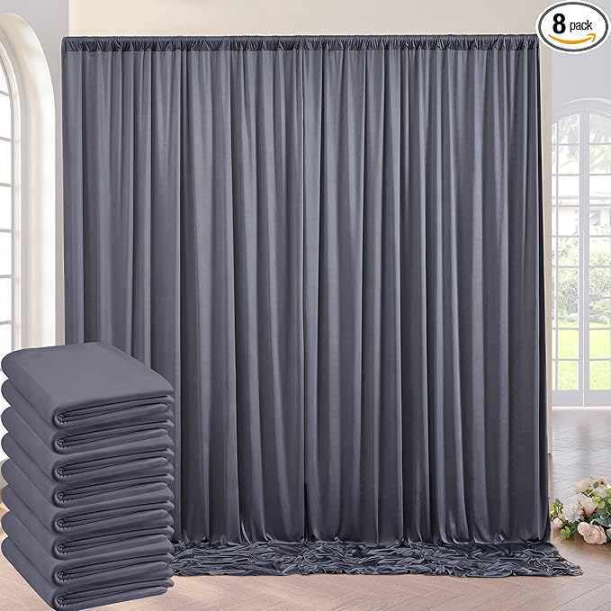 40ft×10 ft Wrinkle Free Grey Backdrop Curtain for Parties, 8 Panels 5×10 ft Soft Silky Polyester Charcoal Photo Backdrop Drapes for Birthday Baby Shower Baptism Wedding Photography