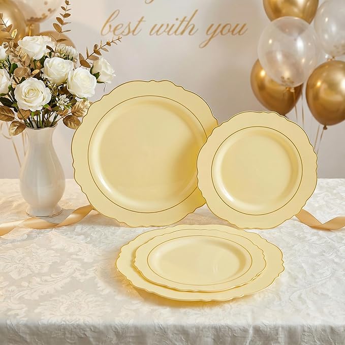 Liacere 350PCS Yellow Plastic Plates - Yellow Disposable Plates With Gold Rim-50Guest Baroque Plastic Dinnerware include 100 Plates,50 Pack Pre Rolled Napkins with Silverware 50Cups for Wedding＆Easte
