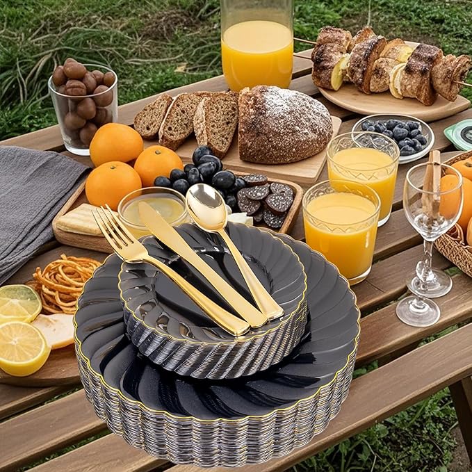 YOUBET 125PCS Clear Black Plastic Plates - Black and Gold Disposable Plates Include 50 Plate, 75 Gold Silverware for Wedding & Party & Birthday