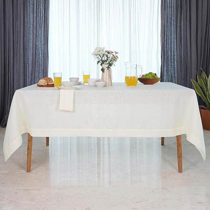 D'Moksha Homes Linen Ivory Tablecloth 60 x 132 Inch - 100% Pure Linen Rectangular Tablecloth - Machine Washable Table Cloth for Valentines, Spring, Easter