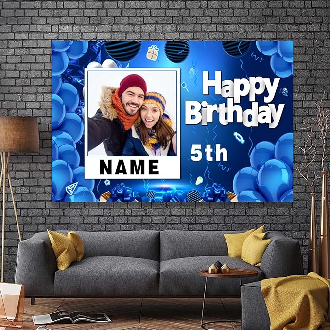 Custom Navy Blue and Gold Happy Birthday Sign Birthday Party Decorations Supplies Personalized Navy Blue Backdrop Banner (6x9ft)