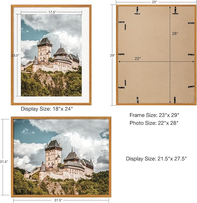 22x28 Picture Frame with Mat for 18x24 - Solid Teak Wood Poster Frame with Tempered Glass, Wooden 22''x28'' Minimalist Photo Frame Puzzle Frame with Hooks for Art Photo and Prints, Natural Teak