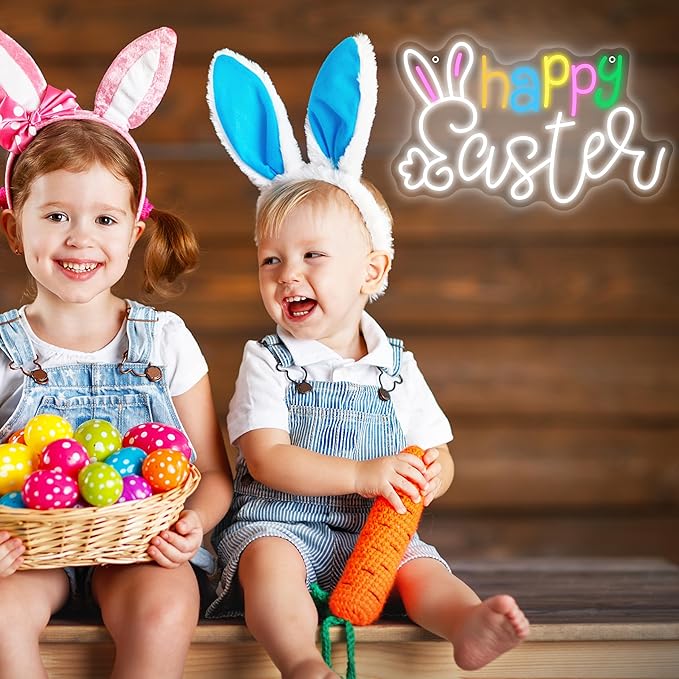 Happy Easter Led Neon Sign, Cute Bunny Ear Light Up Sign, Easter Home Wall Decor for Bedroom, Bar, Window, Spring Party Gifts