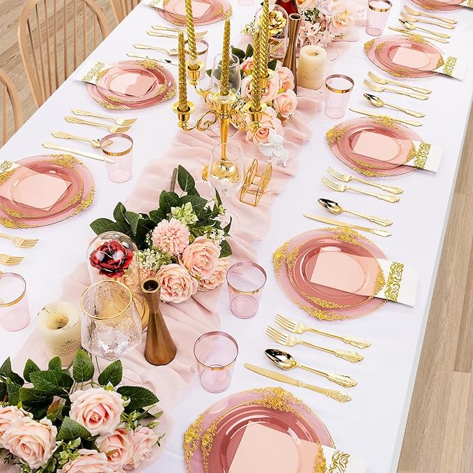 Hioasis 175pcs Burgundy and Gold Plates - Burgundy Party Plates for 25 Guest, Include 50 Heavy-duty Plates(20% Thicker Than Standard), 75 Cutlery Set, 25 Napkin, 25 Cups