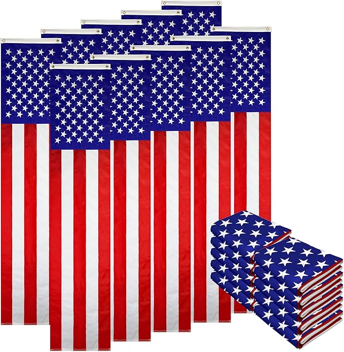 G128 – 10 Pack: American Flag Patriotic Bunting & Flag Pulldown, 50 Embroidered Stars with 5 Fully Sewn Stripes, decorative bunting, 20" x8', Red/White/Blue, Vertical Flag Wall Déc