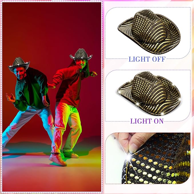 Kigeli 10 Pcs Lights LED Cowboy Cowgirl Hat LED Flashing Hat Cowgirl Hat for Western Cowboy Role Play(Silver,Sequin)