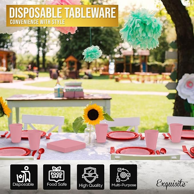 Party Solids 350 Pieces Valentines Plastic Plates For Party, Valentines Disposable Plates Set, 50 Of Each 9" Dinner Plate Set, 7" Dessert Plate, Cups, Napkins & Cutlery Plastic Dinnerware
