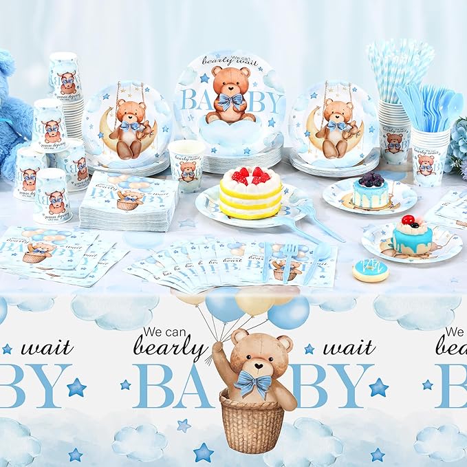 452 Pcs We Can Bearly Wait Baby Shower Decorations, Blue Bear Paper Plates Napkins Cups Tablecloth Cutlery Straws for Blue Baby Shower Gender Reveal Birthday Party Supplies, Serves 50