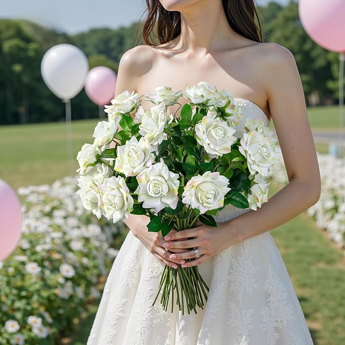 Artificial Flowers Artificial Roses Fake Roses 23.2In Long Stem Artificial Flowers for Tall Vase Silk Rose Suitable for Wedding Party Decor Valentine's Day DIY Bouquet Spring 20PCS (Green)