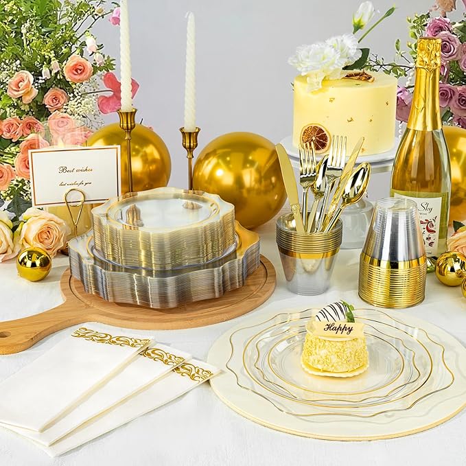 350 PCS Clear and Gold Plastic Plates, Gold Disposable Plates for 50 Guests, Includes 100 Disposable Plates, 50 Cups, 150 Silverwares, and 50 Napkins for Party, Graduation and Wedding
