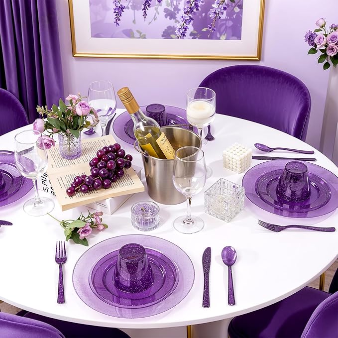 DaYammi 350 Pieces Purple Glitter Dinnerware Set 50 Guest for Party- 50 Dinner Plates, 50 Dessert Plates -50 Per Rolled Napkins with Purple Cutlery - 50 Disposable Cups 9 OZ