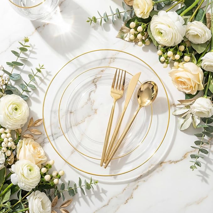I00000 Clear Plastic Plates with Gold Rim,Fancy Clear Disposable Plates,Nice Disposable Plates Set include 30 Dinner Plate,30 Dessert Plate, 90 plastic Silverware Set for Valentine's Day