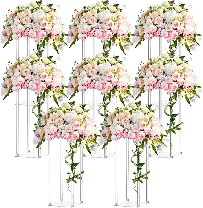Geetery 8 Pieces Tall Acrylic Vase Wedding Centerpieces Clear Flower Stand Column Geometric Floral Vase Elegant Display Holder for Birthday Party Wedding Table Decorations (16 Inch)