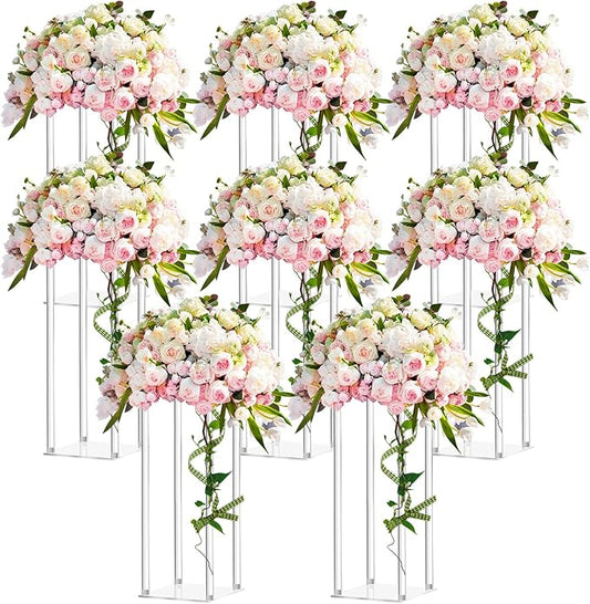 Geetery 8 Pieces Tall Acrylic Vase Wedding Centerpieces Clear Flower Stand Column Geometric Floral Vase Elegant Display Holder for Birthday Party Wedding Table Decorations (16 Inch)