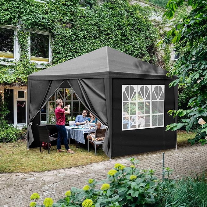 Party Tent for Outdoor Wedding, Birthday, Event, Patio Gazebo, Carport Canopy Shade With Removable Sidewalls & Transparent Window (10'x10'/4 Sidewalls Black)