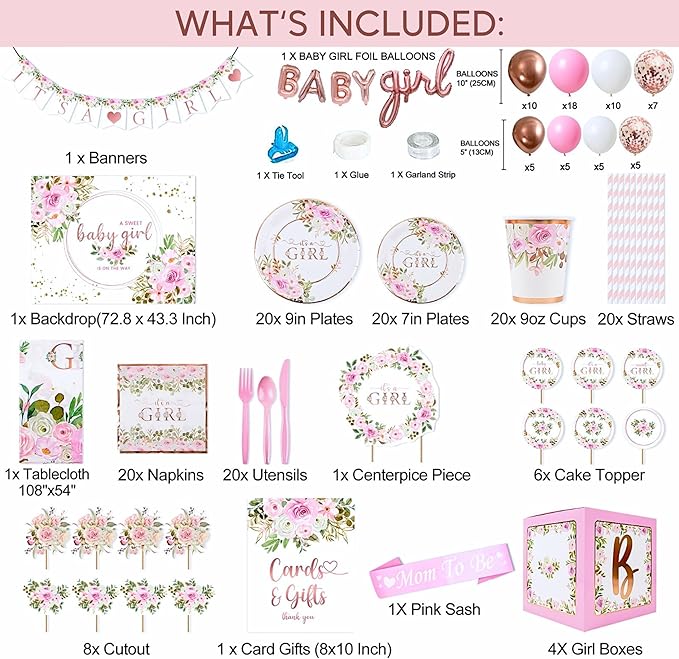 MEGA 254 Pc Floral Baby Shower Decorations For Girl | Pink Balloons Garland Kit, BABY boxes, It's A Girl Backdrop, Banners, Cake Toppers, Tablecloth, Plates, Napkins, Straws, Cups, Utensils 20 Guests