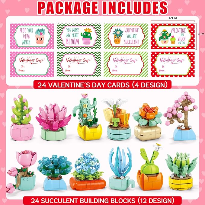 Valentines Day Gifts for Kids - 24 Packs Succulents Building Blocks with Valentines Day Cards for Kids School Boys Girls, Artificial Botanical Toy Exchange Gifts Classroom Prizes Party Favor