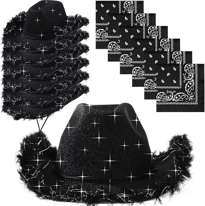 Coume 12 Pcs Sparkly Adults Cowboy Hat and Bandanas Women Men Western Glitter Cowgirl Party Hats with Adjustable Drawstring
