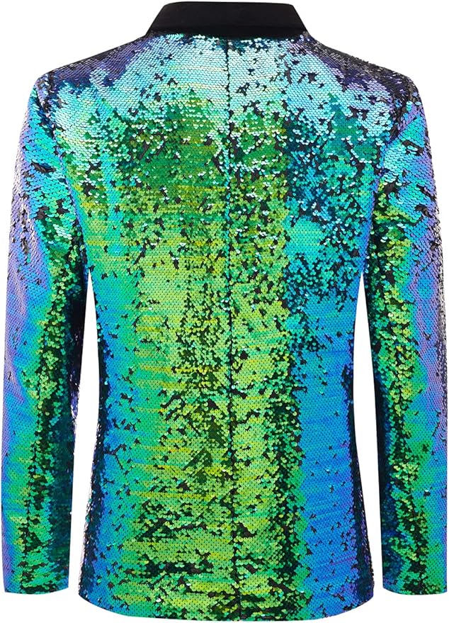 Men's 70s Disco Shiny Sequin Blazer Jacket for Weddings Prom & NightclubsSparkling Metallic Tuxedo Coat with Stretch Fabric