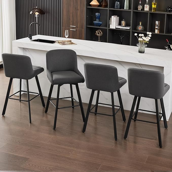 Swivel Counter Height Bar Stools Set of 4, 29''H Upholstered Barstools with Backs, Modern Bar Stool Chairs for Kitchen Island, Metal Legs, Fabric, Black Grey Stools Counter Chair