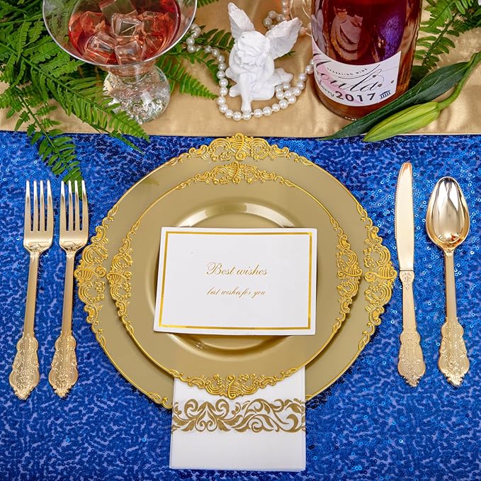 Morejoy 175PCS Solid Gold Plastic Plates with Gold Rim，gold disposable dinnerware sets Include 25 Dinner Plates,25 Dessert Plates,25 Cutlery Sets,25 Napkins Perfect for Party & Christmas