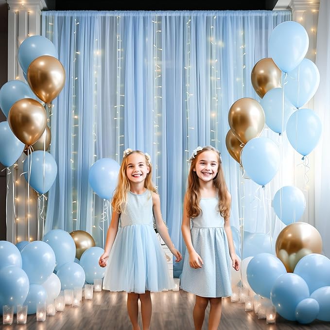 30x10ft Baby Blue Tulle Backdrop Curtain with Lights String for Parites, Sheer Photo Backdrop Curtains with Lights for Wedding Backdrop Ceremony Reception Bridal Shower Baby Shower Birthday Party