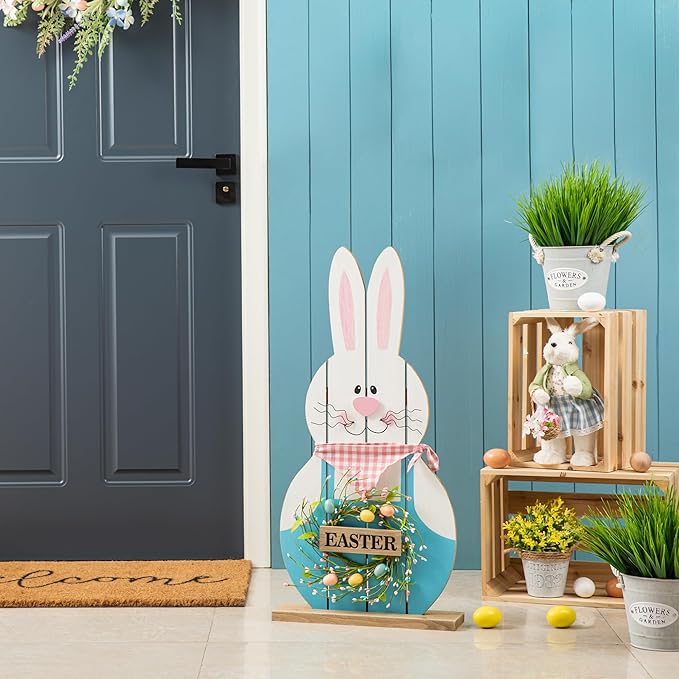 Glitzhome 30" H Easter Wooden Bunny Porch Decor，Standing Bunny Sign Decoration for Home or Yard