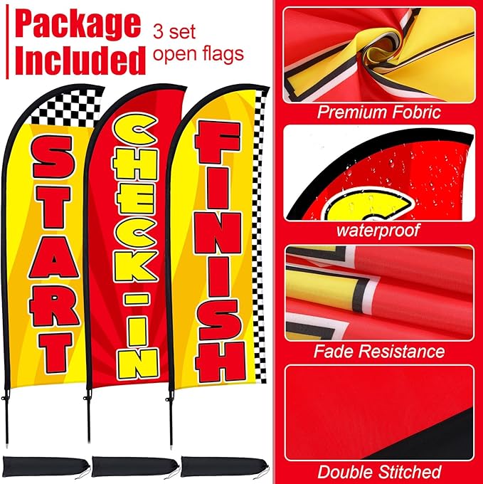 Buryeah 3 Sets Start Finish and Check-in Feather Flag 8 ft Start Advertising Banner Swooper Flag with Pole Kit and Ground Stake for Marathons and Special Events Outside, Red and Yellow