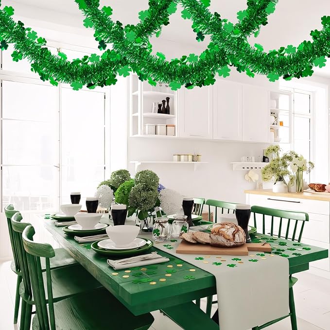 196 FT St. Patrick's Day Tinsel Garland, Green Shamrock Metallic Garland for Irish St. Patrick's Day Party Wall Tree Decoration