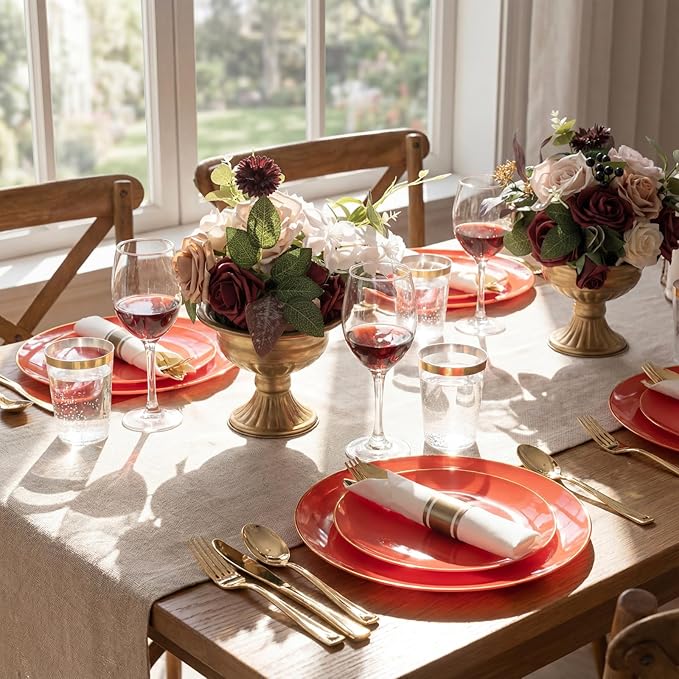 KIRE 350PCS Red Plastic Plates - Heavy Duty Red Plates Disposable - 50Guest Plastic Dinnerware Include 50Dinner Plate,50Dessert Plate,50Pre Rolled Napkins with Silverware for Valentine's Day&Wedding