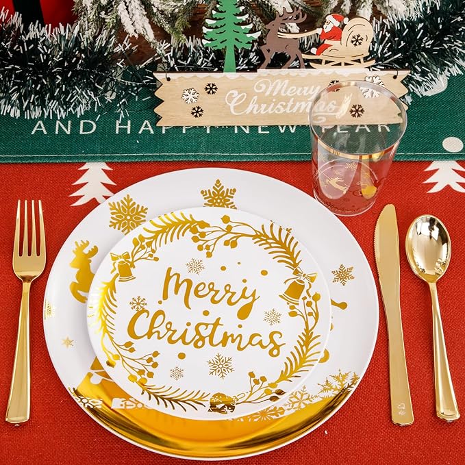 Supernal 150pcs Christmas Plates, Christmas Plastic Dinnerware include Gold Plastic Plates,Gold Disposable Silverware, Disposable Cups, Xmas Party Plate for 25 Guests