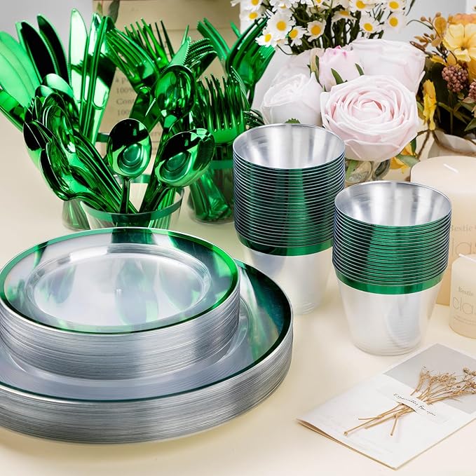 Beststar 350PCS Green and Clear Plastic Dinnerware Sets for 50 Guests, Include 100 Green Disposable Plates, 100 Forks, 50 Knives, 50 Spoons, 50 Cups