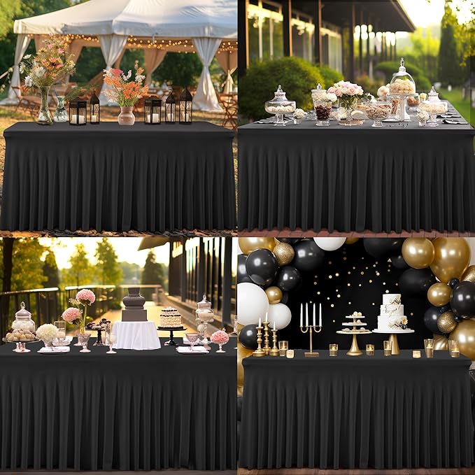 2 Packs Black Table Clothes for 4 Foot Rectangle Tables, Wrinkle Resistant Stretch Spandex Table Covers Fitted Tablecloth with Skirt for Event Banquet Wedding Birthday Party