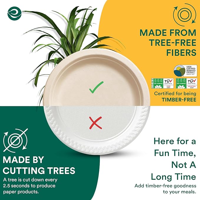 ECO SOUL 9 Inch Compostable Disposable Paper Plates [400 Pack] Food Safe 100% Virgin Bagasse Pulp Heavy Duty Biodegradable Microwave Safe Large Round Dinner Plate for Party, Picnic & BBQ (Brown)