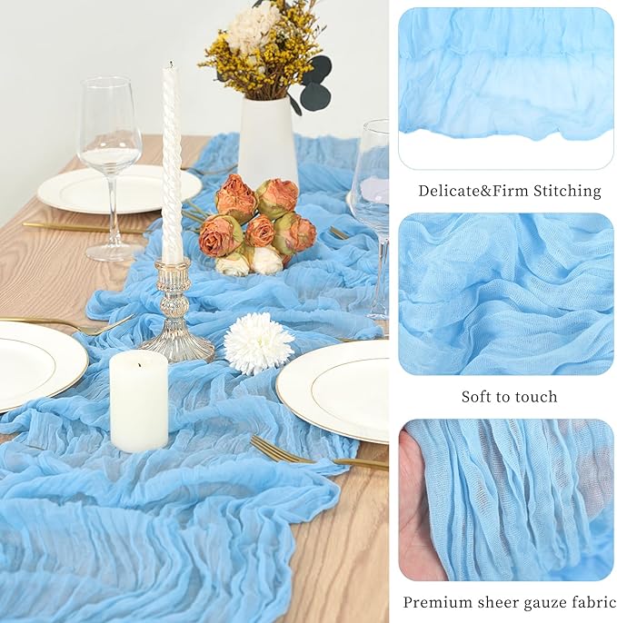 20 Pack Light Blue Table Runner 10Ft Cheesecloth Table Runner Boho Gauze Table Runner Long Cheese Cloth Table Runner Romantic Sheer Fabric Table Runners for Wedding Party Bridal Shower