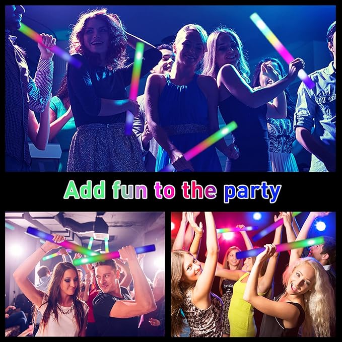 100 Pcs 18.5 inch Foam Glow Sticks Bulk, 4 Color LED Light Foam Sticks, Glow In The Dark Party Supplies, 3 Modes Colorful Flashing for Birthday Wedding Easter Halloween Christmas