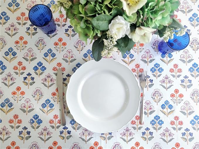 ATOSII Flora Bloom 100% Cotton Rectangle Boho Fall Tablecloth, Handblock Floral Table Cloth Linen for Kitchen Dining I Parties Wedding Outdoors Christmas Thanksgiving I 72 X 120 Inches I 10 Seater