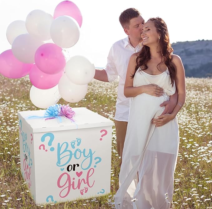 AmazingSpark 28in Jumbo Gender Reveal Gift Box Kit with Oversized Box Giant Pull Bows Boy or Girl Stickers for Gender Reveal Baby Shower Birthday Party Decor