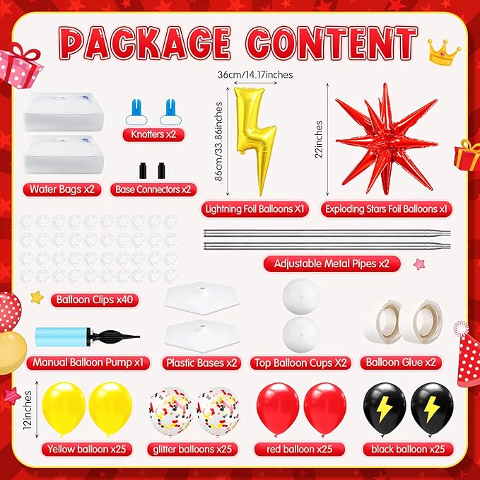 Kasyat 2 Set Cartoon Theme Balloon Column Stand Kit with Lightning Explosion Star Foil Balloons Black Red Yellow Arch Garland Kit for Cartoon Baby Shower Birthday Party Supplies