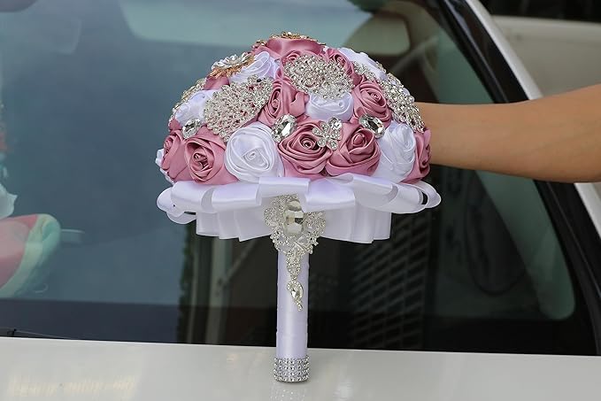 Handmade Wedding Bouquets for Bride Bridesmaid Brooch Bouquet Artificial Holding Flower Tossing Bouquet for Wedding Ceremony Anniversary(Light Purple/White=22cm)