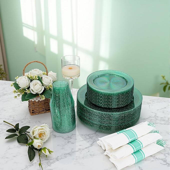 DaYammi 350 Pieces Green Glitter Dinnerware Set 50 Guest for Party- 50 Dinner Plates, 50 Dessert Plates -50 Per Rolled Napkins with Green Cutlery - 50 Disposable Cups 9 OZ