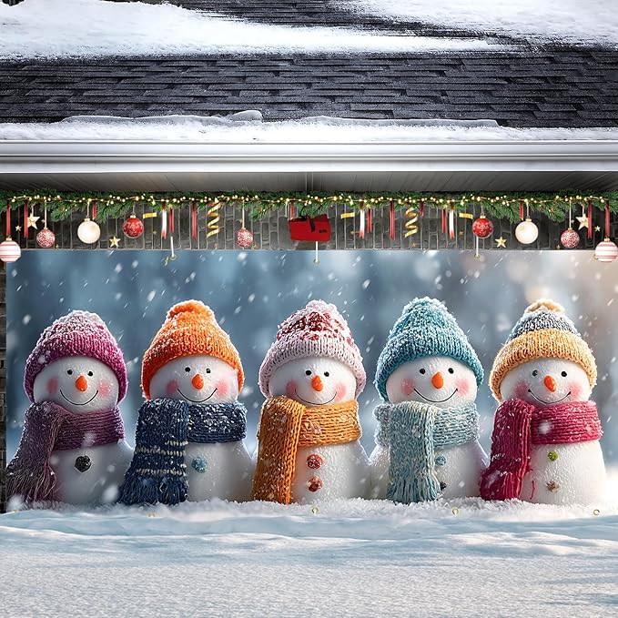 Christmas Garage Door Banner 7x16FT, Colorful Snowmen Family with Winter Scarves, Large Outdoor Xmas Garage Door Cover, Decoration for Driveways, Holiday Parties and Winter Festivities