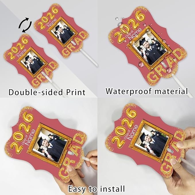 Personalized Graduation Double Sided Face Fan Class of 2026 Customized Graduation Head Face Cutout with Handle Fun Photo Prop Supplies(A-Rose Gold Pink,24pcs)