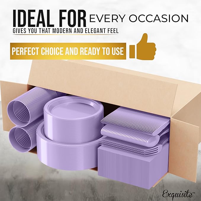 350 Pcs Lavender Plastic Plates For Party, Lavender Disposable Plates Set, 50 Of Each 9" Dinner Plate Set, 7" Dessert Plate, Cups, Napkins & Cutlery Plastic Dinnerware Exquisite