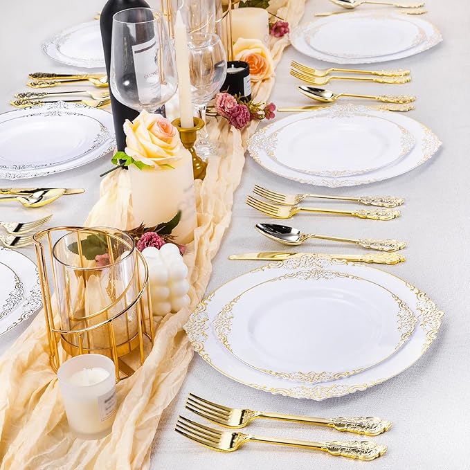 100 PCS White and Gold Plastic Plates for 50 Guests, Gold Disposable Plates Include 50 PCS Dinner Plates, 50 PCS Dessert Plates for Party, Wedding and Graduation