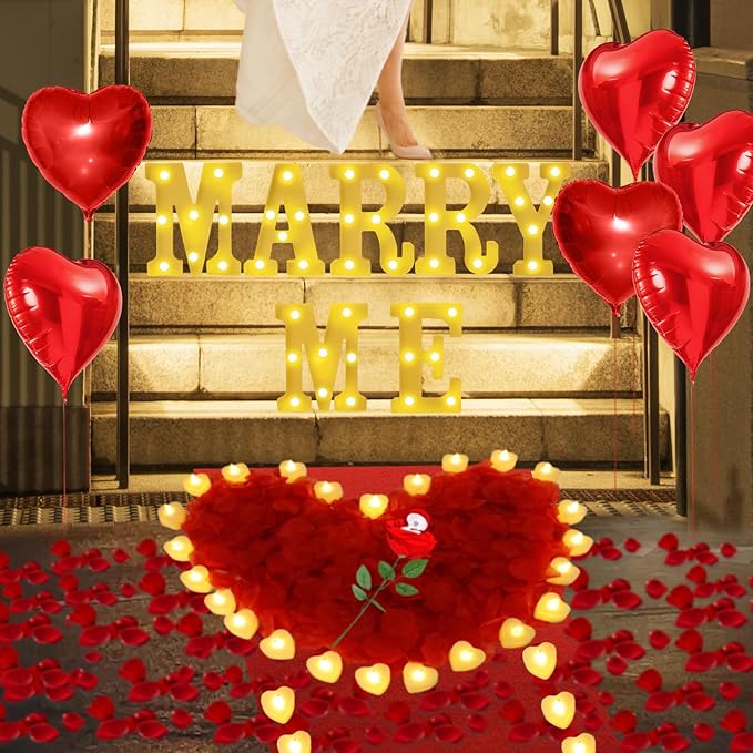 Marry Me Light Up Letters Proposal Decorations Marry Me Sign 24 LED Candles 2000 Rose Petals 10 Foil Balloon 10ft Carpet Runner Rose Ring Box for Valentine's Day Wedding Proposal Engagement (Warm)