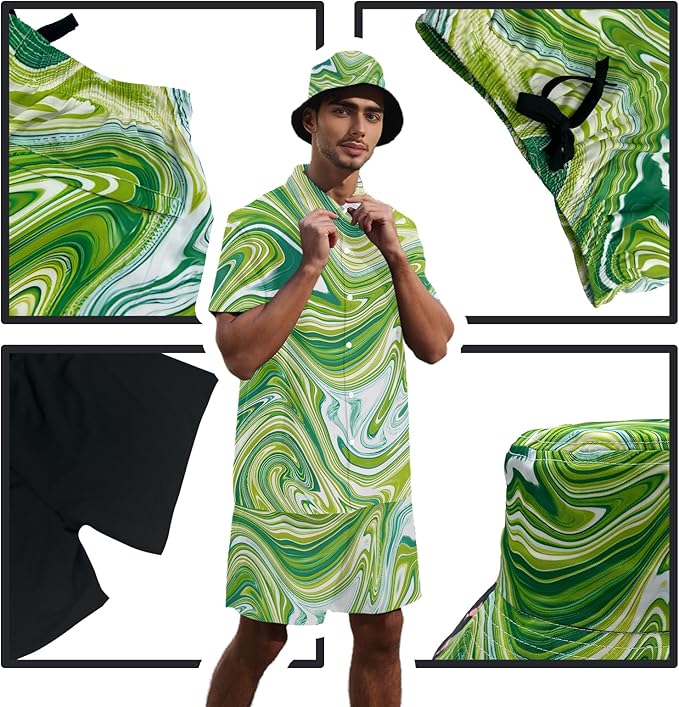 Men's Hawaiian Shirt and Shorts Set 2 Piece Beach Outfits with Bucket Hats for Beach Days and Summer Vibes