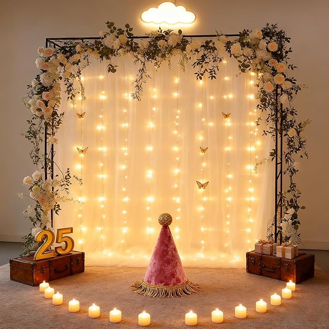 20x8ft White Tulle Backdrop Curtain with Lights String for Parites, Sheer Photo Backdrop Drapes with Lights for Wedding Ceremony Reception Bridal Shower Baby Shower Birthday Party