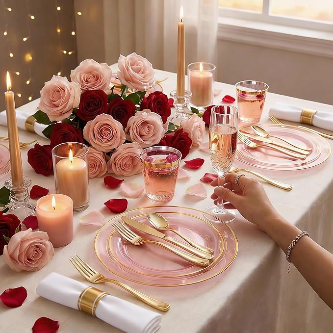 WELLIFE 350Pcs Clear-Pink Plastic Dinnerware- Pink and Gold Plastic Dinnerware include 50 Dinner Plates, 50 Dessert Plates, 150 Gold Silverware, 50 Cups and 50 Napkins Perfect for Parties