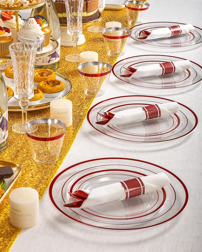 Goodluck 175 Piece Red Plastic Plates, Clear Plastic Silverware Disposable Plates Set, Include 50Plates, 25Pack Pre Rolled Napkins with Silverware, 25Cups for Party, Christmas, Graduation, Wedding
